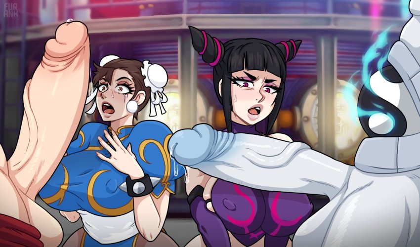 2boys 2girls black_hair bracelet breasts brown_eyes brown_hair capcom chun-li clothes covered_erect_nipples double_bun embarrassed furanh hair_bun han_juri highres huge_breasts huge_penis jewelry large_penis long_hair looking_at_viewer multiple_boys multiple_girls nipples open_clothes open_mouth penis purple_eyes street_fighter surprised testicles veins veiny_penis wet