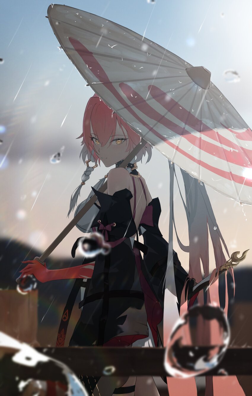 1girl absurdres bare_shoulders black_collar black_jacket black_sleeves breasts bubble changli_(wuthering_waves) closed_mouth collar colored_extremities commentary_request cowboy_shot eien_001 from_side highres holding holding_umbrella jacket large_breasts making-of_available oil-paper_umbrella outdoors pink_hair rain red_hands smile solo umbrella white_umbrella wuthering_waves yellow_eyes