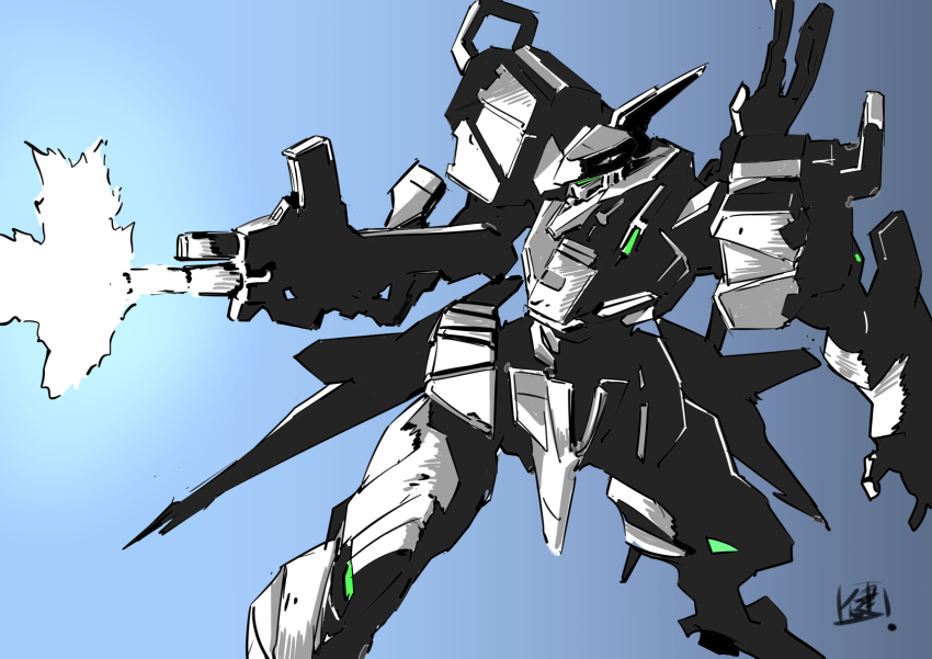artist_name assault_visor blue_background firing gun highres holding holding_gun holding_weapon looking_to_the_side mecha mecha_focus muv-luv muv-luv_alternative ootsuka_ken open_hand robot sketch tactical_surface_fighter type_97_fubuki weapon