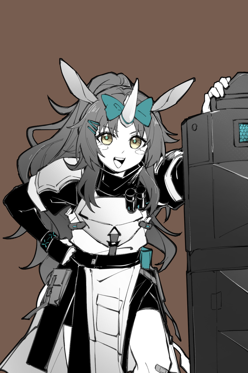 1girl :d animal_ears aqua_bow arknights armor ballistic_shield bandaid bandaid_on_knee bandaid_on_leg blush_stickers bow brown_background bubble_(arknights) chinese_commentary commentary_request cowboy_shot hair_bow hair_ornament hairclip hand_on_own_hip highres horns infection_monitor_(arknights) looking_at_viewer open_mouth partial_commentary partially_colored piaoliu_ping_ping_ping_pingzi pouch shield simple_background single_horn smile solo standing strap