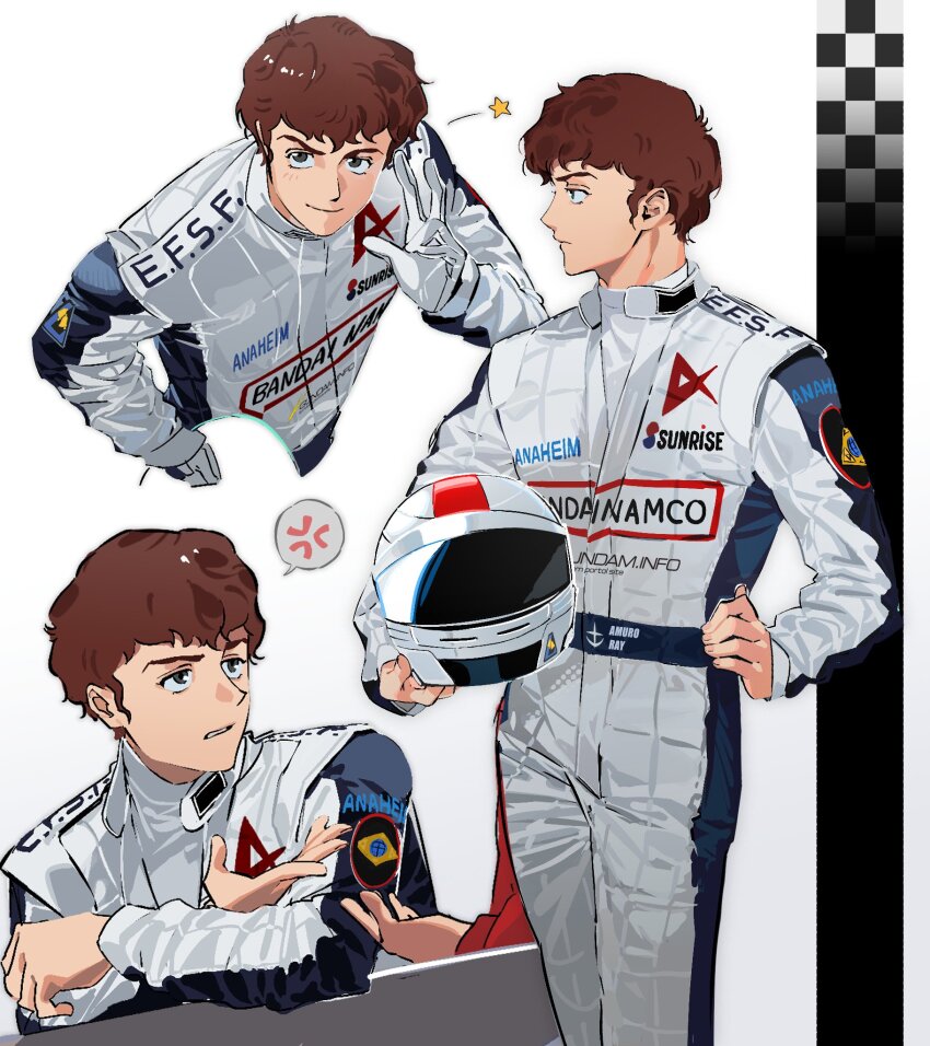 1boy alternate_universe amuro_ray anaheim_electronics anger_vein bandai bandai_namco black_eyes brown_hair char&#039;s_counterattack character_name closed_mouth commentary_request dnwn_stone earth_federation_space_forces feet_out_of_frame gloves gundam hand_on_own_hip helmet highres holding holding_helmet jumpsuit korean_commentary legs_together looking_at_viewer looking_to_the_side male_focus motorcycle_helmet multiple_views parted_lips racing_suit short_hair smile spoken_anger_vein sponsor standing star_(symbol) sunrise_(company) unworn_headwear unworn_helmet w white_gloves white_jumpsuit