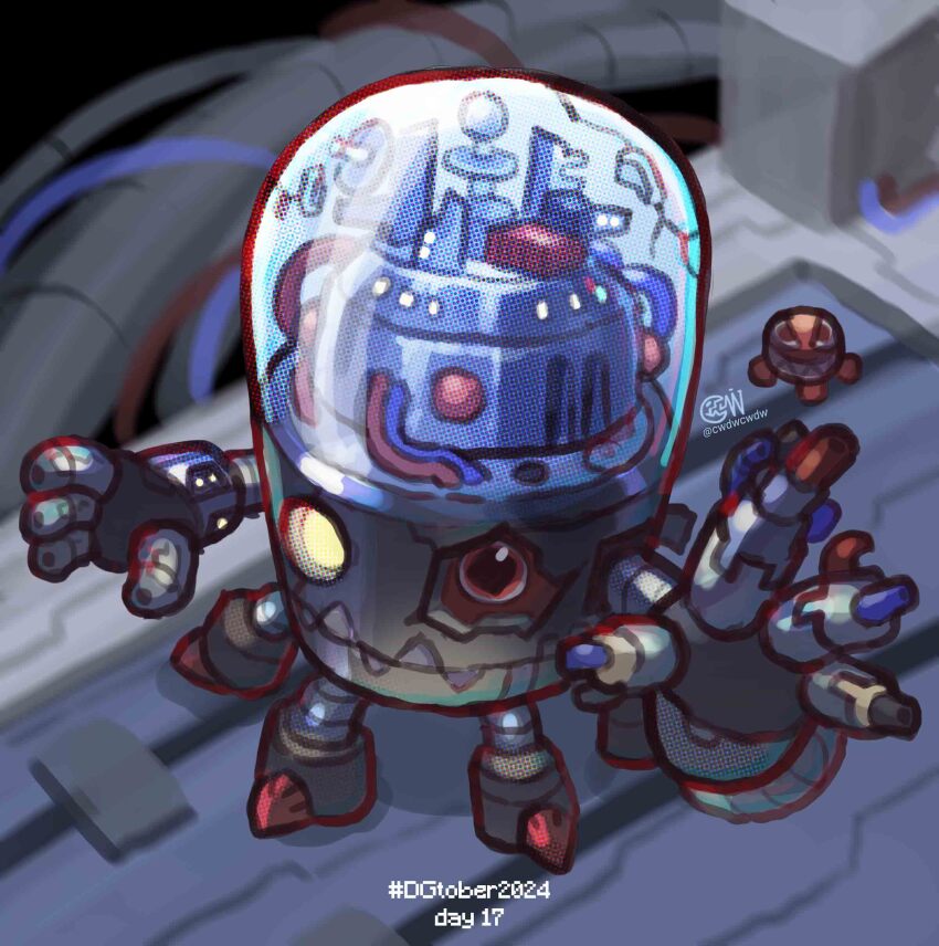 absurdres blurry blurry_background cwdw damaged digimon digimon_(creature) full_body highres looking_at_viewer nanomon no_humans red_eyes robot sharp_teeth solo teeth