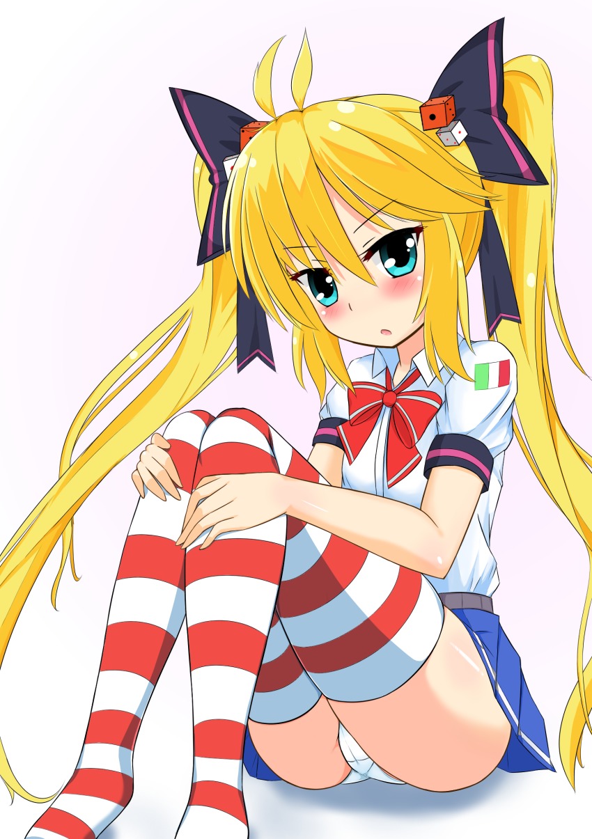 ahoge amyuchan123 andrea_doria_(warship_girls_r) blonde_hair blue_eyes blush dice_hair_ornament hair_ornament hair_ribbon highres italian_flag long_hair panties pantyshot ribbon sitting solo striped_clothes striped_thighhighs thighhighs twintails underwear warship_girls_r white_background