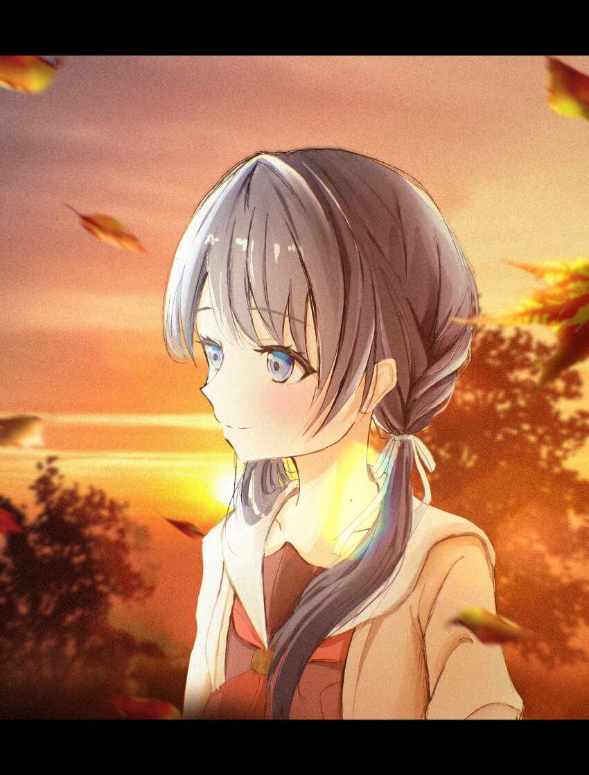 1girl bairasu_02 blue_eyes blue_hair blue_ribbon blush brown_cardigan brown_dress cardigan closed_mouth commentary_request dress falling_leaves hair_ribbon hasu_no_sora_school_uniform highres leaf letterboxed link!_like!_love_live! long_hair long_sleeves love_live! low_twintails mole mole_on_neck murano_sayaka neckerchief open_cardigan open_clothes outdoors red_neckerchief ribbon sailor_collar sailor_dress school_uniform smile solo split_mouth sunset twintails upper_body virtual_youtuber white_sailor_collar winter_uniform