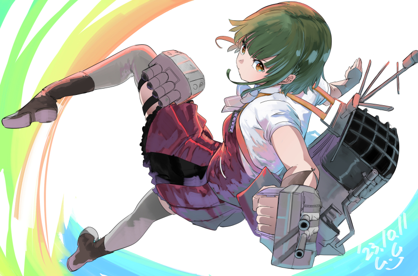 1girl adapted_turret aqua_bow aqua_bowtie bob_cut boots bow bowtie braid brown_eyes cannon dated gegesan green_hair grey_thighhighs highres holding holding_turret kantai_collection machinery miniskirt pleated_skirt purple_skirt purple_vest rigging school_uniform ship_turret shirt short_hair short_hair_with_long_locks short_sleeves side_braids sidelocks signature skirt smokestack solo takanami_(kancolle) takanami_kai_ni_(kancolle) thighhighs torpedo_launcher torpedo_tubes turret unworn_vest vest wavy_hair white_background