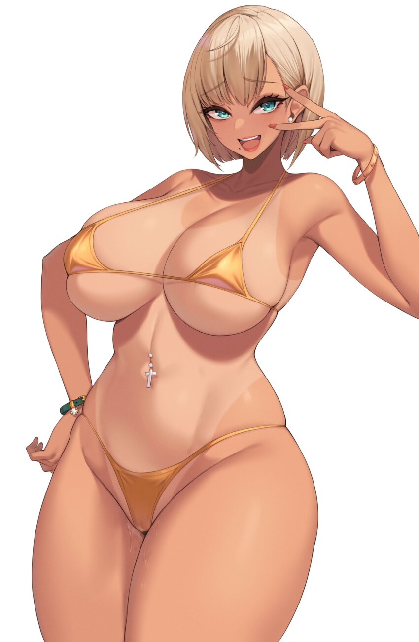 1girl :d aqua_eyes bikini blonde_hair breasts cross_piercing dark-skinned_female dark_skin earrings hand_on_own_hip highres huge_breasts indie_virtual_youtuber inward_v jewelry kuavera looking_at_viewer micro_bikini minko_xiv navel navel_piercing open_mouth orange_bikini piercing second-party_source simple_background smile solo standing stomach swimsuit tan tanline teeth upper_teeth_only v v_over_eye variant_set virtual_youtuber white_background