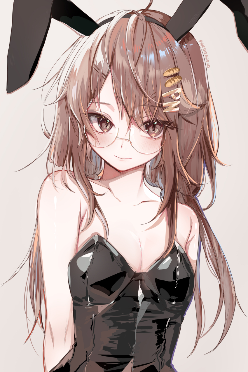 1girl absurdres animal_ears artist_name bare_shoulders black_leotard bread_hair_ornament breasts brown_hair cleavage closed_mouth collarbone fake_animal_ears food-themed_hair_ornament glasses hair_ornament highres indie_virtual_youtuber leotard letter_hair_ornament long_hair panthebread panthebread_(vtuber) playboy_bunny rabbit_ears semi-rimless_eyewear small_breasts solo strapless strapless_leotard upper_body virtual_youtuber