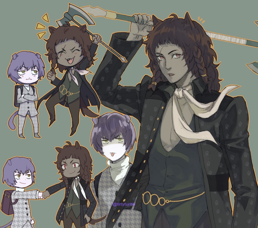 2boys :3 :d :o :p animal_ears axe basilio_(metaphor:_refantazio) black_jacket braid brothers brown_hair chibi chibi_inset dark-skinned_male dark_skin fangs fidelio_(metaphor:_refantazio) fist_bump green_background highres holding holding_axe jacket looking_at_viewer male_focus medium_hair metaphor:_refantazio multiple_boys open_mouth orange_outline outline purple_hair red_eyes scar scar_across_eye scar_on_face short_bangs short_hair siblings simple_background slit_pupils smile tail tirtyturtle tongue tongue_out twin_braids twitter_username yellow_eyes