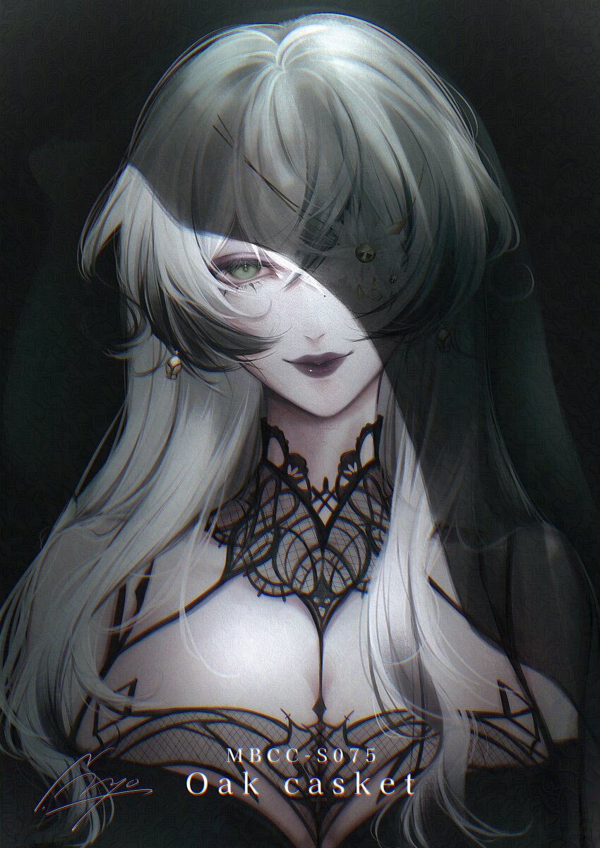 1girl absurdres adversarial_noise between_breasts black_background black_veil breasts character_name chromatic_aberration cleavage colored_tips commentary crossed_bangs english_commentary flower flower_in_eye green_eyes hair_between_eyes half-closed_eyes head_tilt highres lace_collar looking_at_viewer mixed-language_commentary mole mole_on_nose multicolored_hair nakai111 oak_casket_(path_to_nowhere) oak_casket_(sepulchral_ride)_(path_to_nowhere) official_alternate_costume pale_skin path_to_nowhere portrait purple_lips signature smile solo straight-on symbol_in_eye veil white_flower white_hair