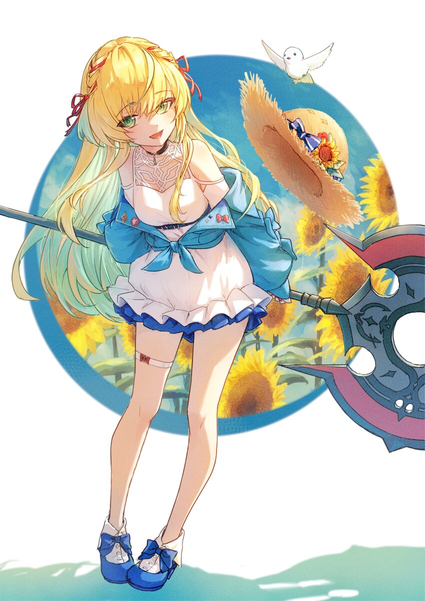 1girl :d absurdres aqua_hair armillarphere_v arms_behind_back axe badge battle_axe belt belt_buckle bird black_belt black_choker blonde_hair blue_bow blue_jacket blue_shoes blush bow braid breasts brown_hat buckle button_badge choker colored_inner_hair cropped_jacket double-sided_axe dress fingernails flower footwear_bow frilled_dress frills green_eyes hair_between_eyes hair_ribbon hashtag-only_commentary hat hat_bow hat_flower hat_loss high_heels highres holding holding_axe holding_behind_back holding_weapon holding_weapon_behind_back jacket layered_dress leaning_forward long_hair long_sleeves looking_at_viewer medium_breasts multicolored_hair nail_polish nijisanji off_shoulder official_alternate_costume open_clothes open_jacket open_mouth puffy_long_sleeves puffy_sleeves red_flower red_nails red_ribbon ribbon ribbon_braid shoes smile solo standing straw_hat streaked_hair sunflower tachitsute_toto tachitsute_toto_(2nd_costume) teeth thigh_strap tied_jacket very_long_hair virtual_youtuber weapon white_background white_dress yellow_flower