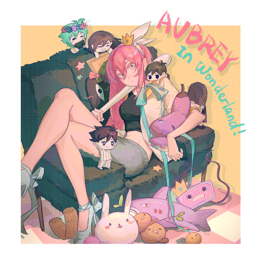 2girls 4boys ^_^ alternate_footwear antenna_hair aqua_bow arm_rest aubrey_(faraway)_(omori) aubrey_(omori) bare_legs baseball_bat basil_(headspace)_(omori) basil_(omori) black_tank_top bow bow_hairband breasts brother_and_sister brothers camera character_doll character_name chibi_on_shoulder chinese_commentary closed_eyes closed_mouth colored_eyelashes commentary_request couch crossed_legs crown denim denim_skirt doll double-parted_bangs drop_shadow english_text foot_out_of_frame footwear_bow forest_bunny_(omori) grey_skirt grin hair_between_eyes hairband hero_(headspace)_(omori) hero_(omori) high_heels highres holding holding_baseball_bat holding_camera jacket kel_(headspace)_(omori) kel_(omori) knee_up long_hair looking_at_viewer mari_(headspace)_(omori) mari_(omori) medium_breasts midriff mini_crown miniskirt mixtape_(omori) mr._plantegg_(omori) multiple_boys multiple_girls neishei547 omori omori_(omori) on_couch open_clothes open_jacket picnic_blanket pink_bow pink_hair sailor_collar shark_plane_(omori) shoes short_sleeves siblings simple_background sitting skirt smile solo_focus something_(omori) sprout_mole star_(symbol) straight_hair tank_top very_long_hair watermark watermark_grid white_bow white_hairband white_jacket white_shoes yellow_background yellow_sailor_collar
