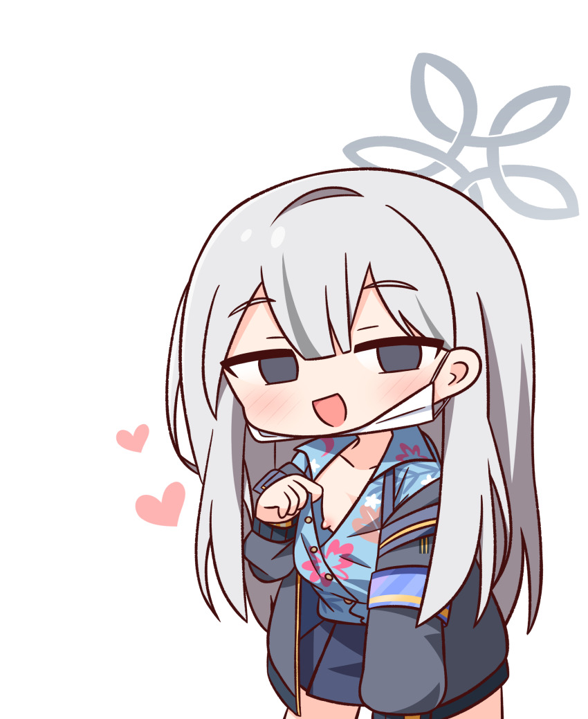 1girl :d blue_archive blue_shirt blue_skirt blush chibi collarbone collared_shirt dress_shirt empty_eyes grey_eyes grey_hair grey_jacket hair_between_eyes halo hana_kazari hand_up hawaiian_shirt heart highres jacket konoka_(blue_archive) long_sleeves looking_at_viewer mask mask_pull mouth_mask nipples open_clothes open_jacket open_mouth pleated_skirt puffy_long_sleeves puffy_sleeves shirt simple_background skirt smile solo standing surgical_mask white_background
