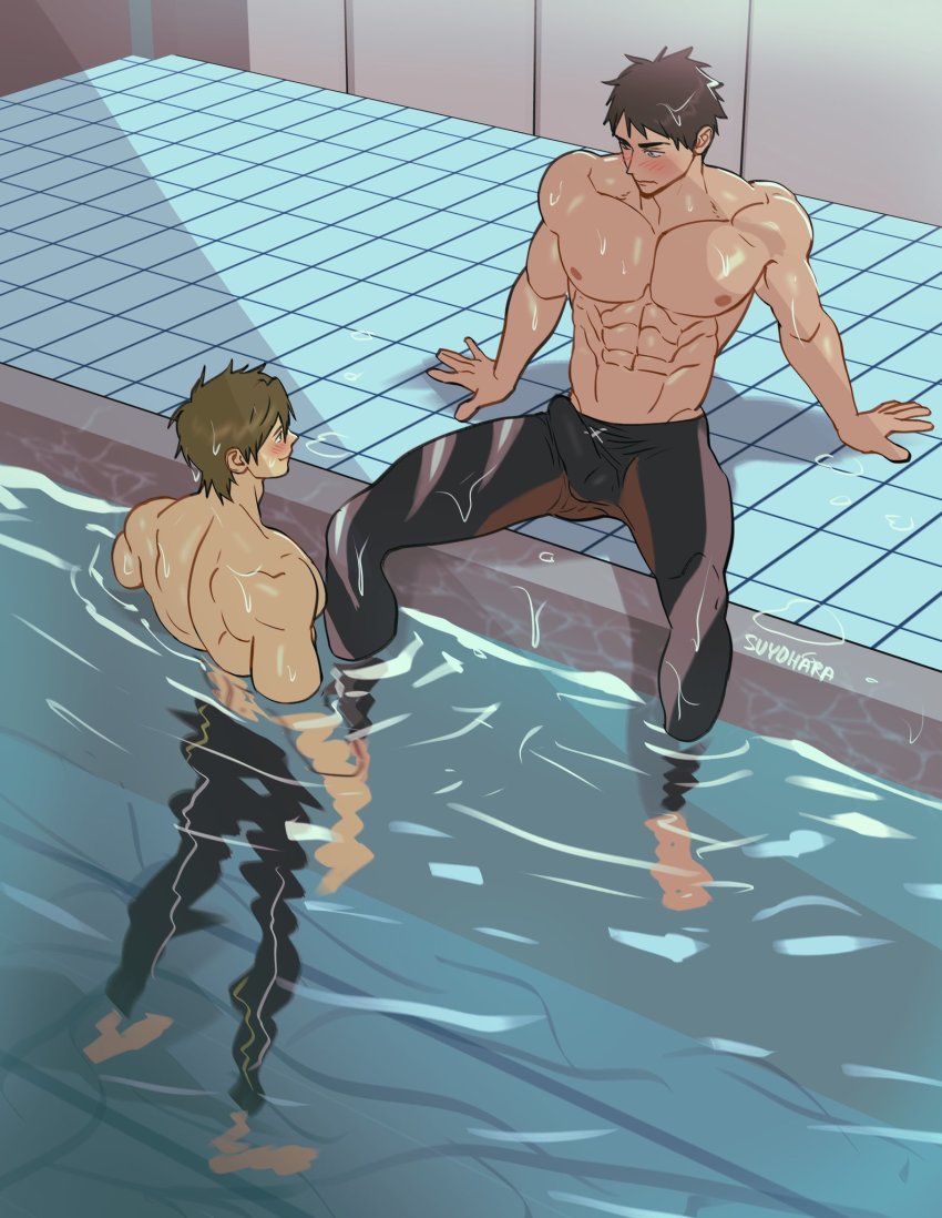 2boys abs artist_name bara black_hair black_male_swimwear blush brown_hair bulge erection erection_under_clothes free! highres large_pectorals legskin looking_at_another male_focus male_swimwear multiple_boys muscular muscular_male navel nipples pectorals pool poolside short_hair sitting smile suyohara tachibana_makoto topless_male water yamazaki_sousuke yaoi