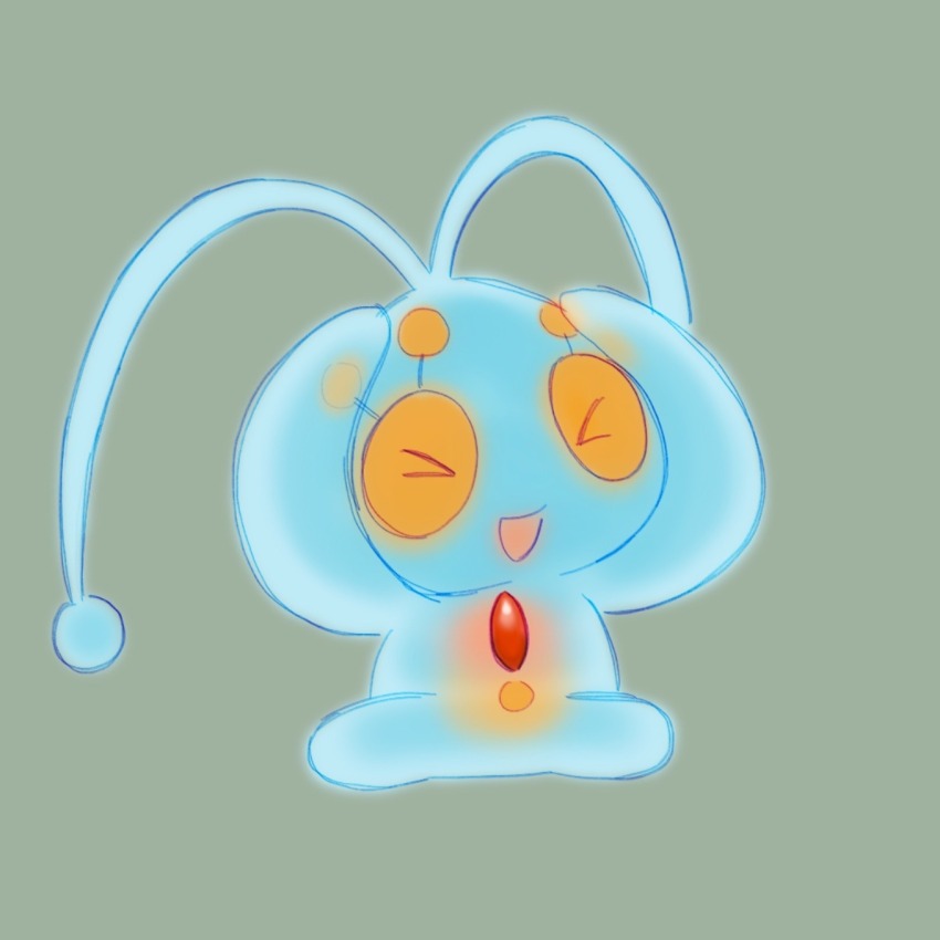 &gt;_&lt; antennae chest_jewel closed_eyes gem gen_4_pokemon glowing grandquest hands_on_own_head hands_up highres legendary_pokemon manaphy mythical_pokemon nintendo open_mouth pokemon pokemon_(creature) pokemon_focus red_gemstone smile