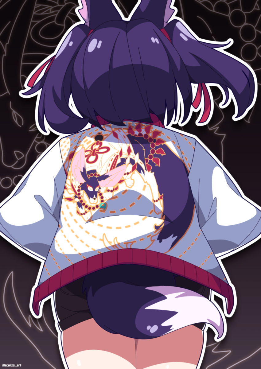 1girl animal_ear_fluff animal_ears artist_name brown_background chio_(jarrgal_zoey) commission cowboy_shot drop_shadow from_behind grey_background hair_ribbon highres long_sleeves original outline purple_hair purple_tail ribbon scalizo short_shorts shorts solo twitter_username two_side_up white_outline zoom_layer