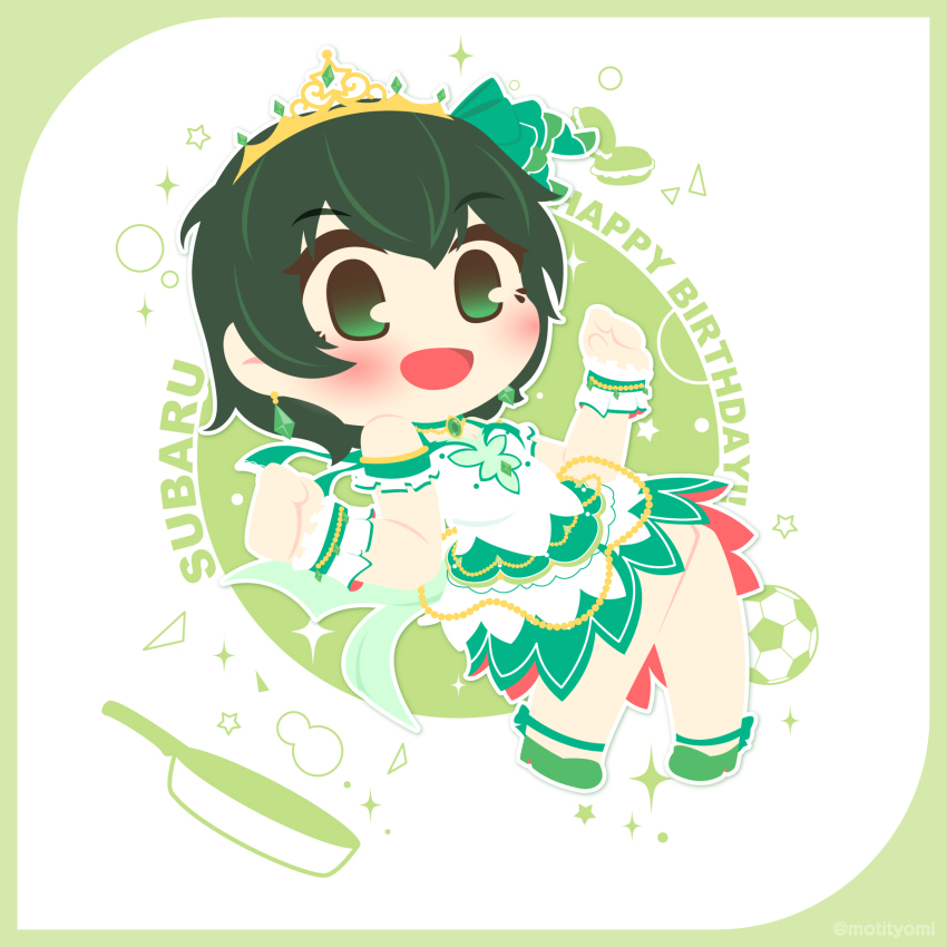 1girl battle_girl_high_school blush border crown earrings food frying_pan green_border green_eyes green_hair green_shoes green_skirt happy_birthday highres jewelry looking_at_viewer macaron motyomi open_mouth shirt shoes short_hair skirt solo sparkle star_(symbol) wakaba_subaru white_shirt wrist_cuffs