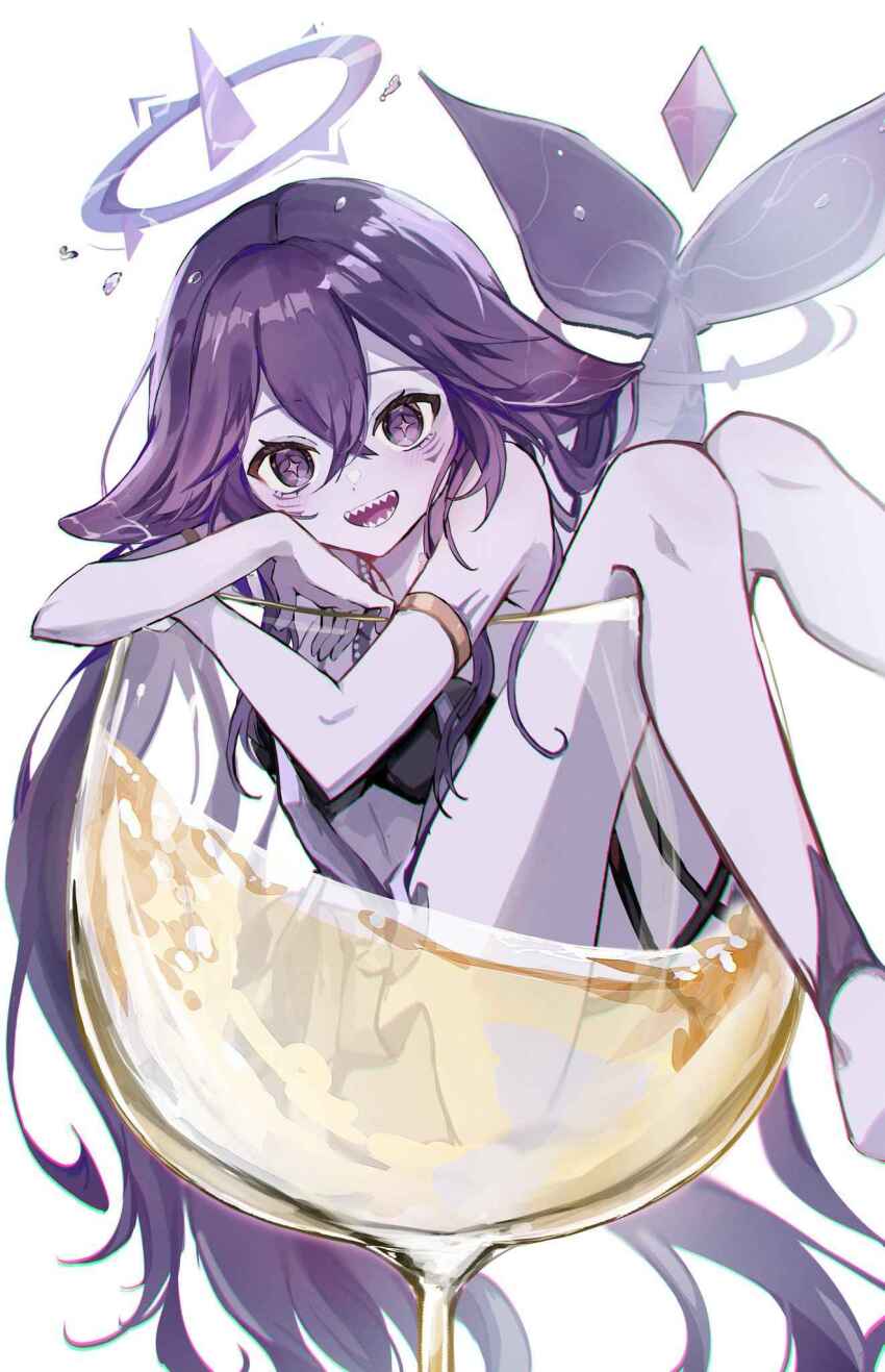 1girl armlet artist_request colored_skin cup drink eyelashes fins fish_tail glass grey_skin halo highres in_container in_cup indie_virtual_youtuber jewelry long_hair looking_at_viewer megalodon_(vtuber) open_mouth purple_eyes purple_hair shark_girl shark_tail sharp_teeth simple_background smile solo star-shaped_pupils star_(symbol) symbol-shaped_pupils tail teeth virtual_youtuber white_background