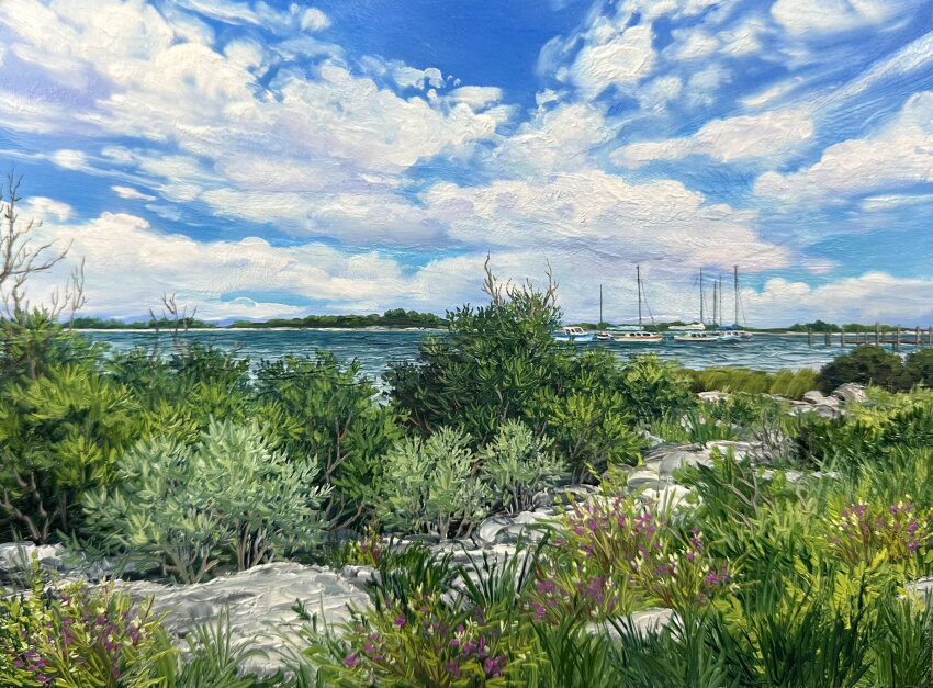blue_sky boat bush cloud cloudy_sky commentary day english_commentary florida_(location) flower highres kate_avery no_humans oil_painting_(medium) original outdoors painting_(medium) pier plant purple_flower scenery sky traditional_media water watercraft