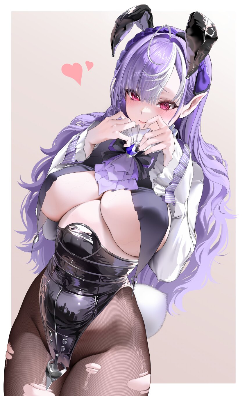 1girl absurdres ahoge animal_ear_hairband animal_ears ascot black_nails blush border bow bowtie breast_curtains breasts brown_background commentary covered_erect_nipples covered_navel fake_animal_ears fake_tail furrowed_brow furuming1 gem hair_between_eyes hairband heart highres large_breasts long_hair long_sleeves looking_at_viewer mole mole_under_eye multicolored_hair nail_polish pantyhose pointy_ears purple_ascot purple_bow purple_bowtie purple_gemstone purple_hair rabbit_ear_hairband rabbit_ears rabbit_tail red_eyes revision shrug_(clothing) simple_background solo streaked_hair tail thighs torn_clothes torn_pantyhose vivian_banshee white_border white_hair white_shrug zenless_zone_zero