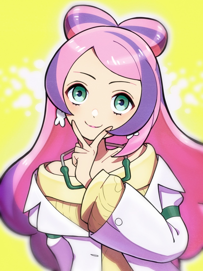 1girl bow-shaped_hair closed_mouth coat earrings green_eyes highres jewelry long_hair long_sleeves looking_at_viewer miriam_(pokemon) multicolored_hair nintendo nori_(hgdm2784) open_clothes open_coat pokemon pokemon_sv purple_hair smile solo sweater two-tone_hair white_coat