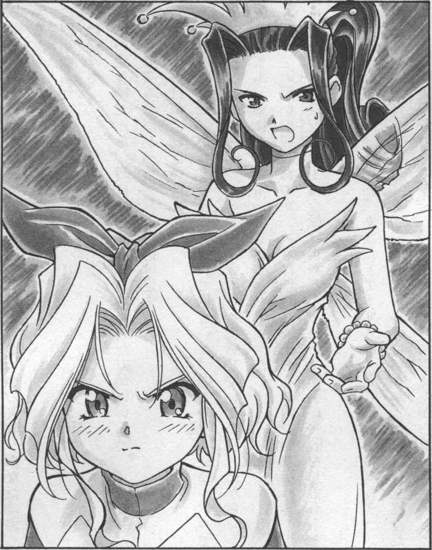 1990s_(style) 2girls absurdres alternate_costume archived_source bare_arms bare_shoulders bird blush bodysuit bodysuit_under_clothes bracelet breasts child cleavage closed_mouth collared_bodysuit costume covered_collarbone crow dress fake_wings frown greyscale hair_intakes hairband half_updo high_ponytail highres iris_chateaubriand jewelry long_dress looking_at_viewer mandarin_collar medium_breasts monochrome multiple_girls official_alternate_costume official_art open_hand open_mouth parted_bangs parted_lips ponytail retro_artstyle sakura_taisen sakura_taisen_ii scan sega short_hair simple_background soletta_orihime suganuma_eiji sweatdrop talking third-party_source traditional_media upper_body v-shaped_eyebrows wavy_hair wings