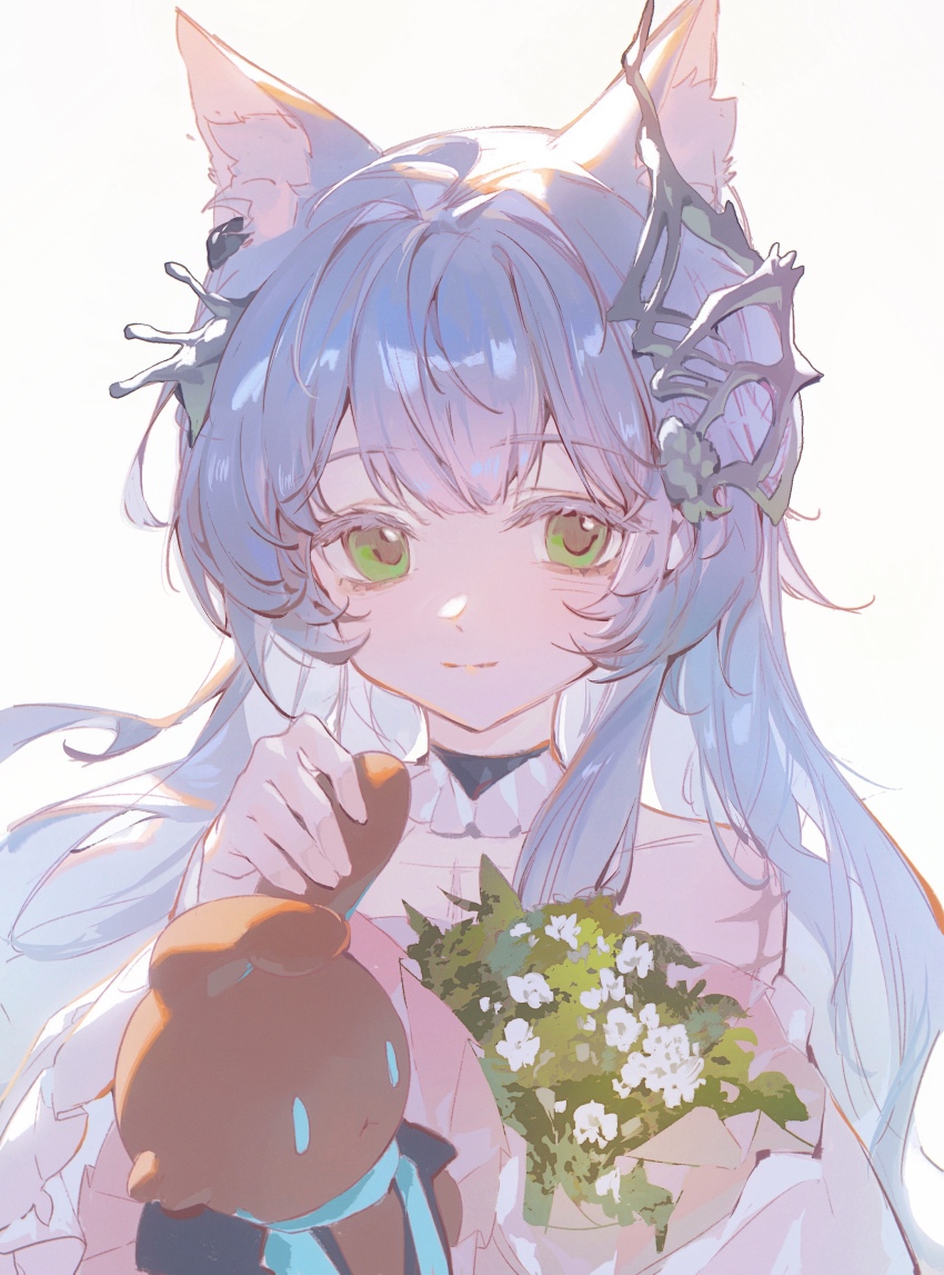 1girl absurdres animal_ear_fluff animal_ears arknights blush bouquet cat_ears choker closed_mouth collarbone colored_eyelashes flower frilled_choker frills green_eyes hair_ornament highres holding holding_stuffed_toy long_hair looking_at_viewer rosmontis_(arknights) scar scar_on_arm shaokao_lajitong sidelocks simple_background solo stuffed_toy toy upper_body white_background white_flower white_hair