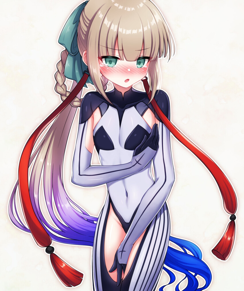 1boy alternate_costume aqua_eyes blue_hair blush bodysuit bow captain_nemo_(fate) commentary_request covered_navel covering_chest covering_crotch covering_privates crotchless crotchless_bodysuit embarrassed fate/grand_order fate_(series) gradient_hair groin hair_bow highres light_brown_hair low_ponytail male_focus multicolored_hair nemo_(fate) ponytail shell_ocean solo tearing_up trap