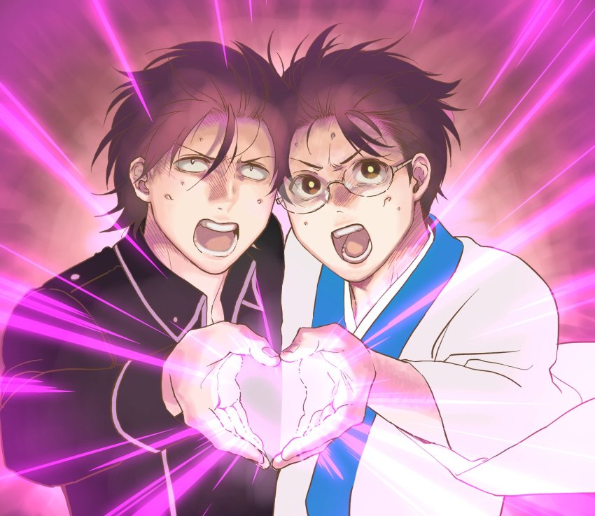 2boys black_hair brown_hair emphasis_lines gintama glasses heart heart_hands highres japanese_clothes male_focus multiple_boys numao open_mouth shimura_shinpachi shinsengumi_(gintama) yamazaki_sagaru