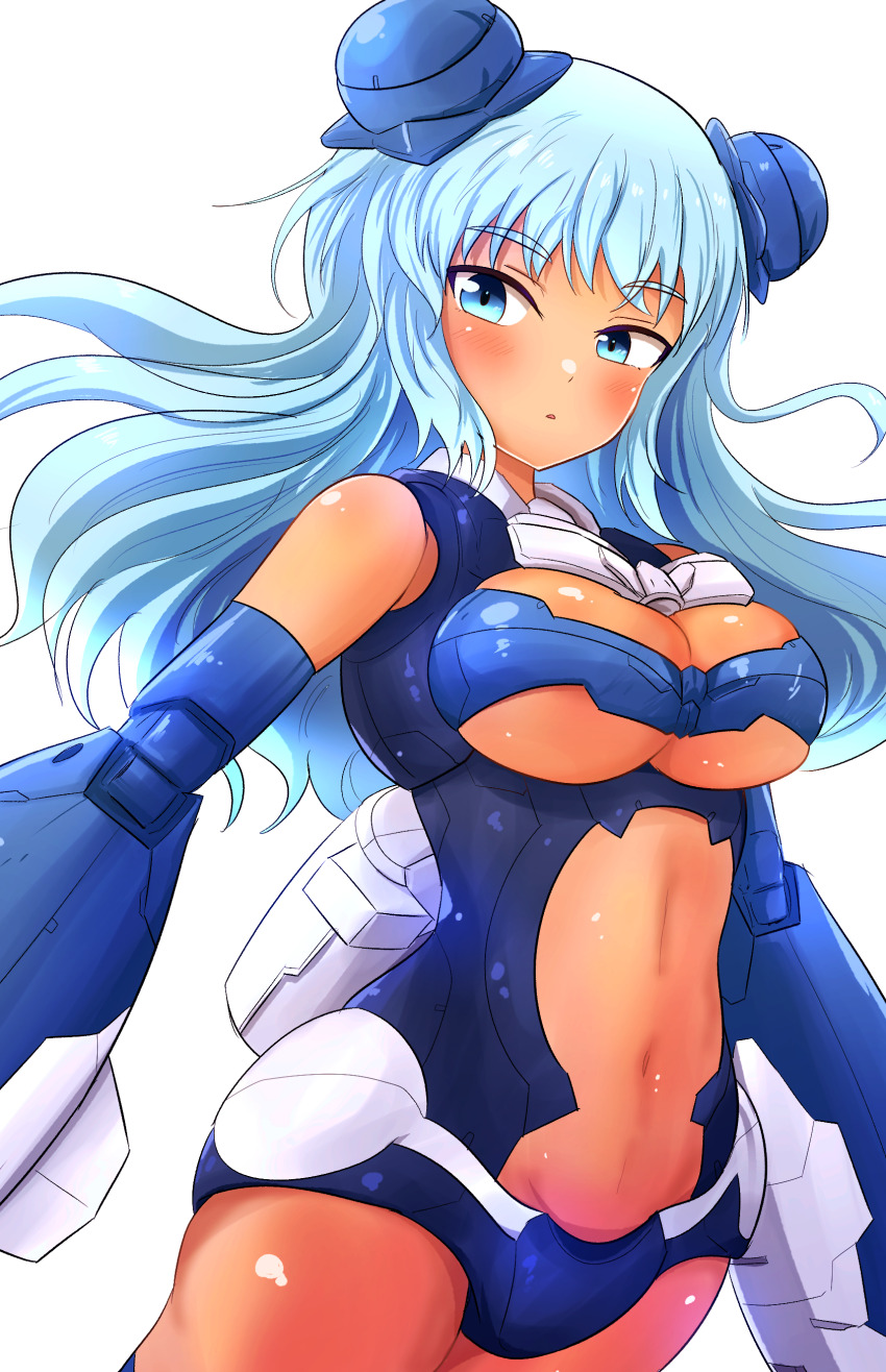 1girl 30_minutes_sisters absurdres blue_eyes blue_hair blue_leotard blue_thighhighs blush breasts cleavage clothing_cutout cowboy_shot dark-skinned_female dark_skin floating_hair highres joints large_breasts leotard long_hair looking_at_viewer mecha_musume mechanical_arms medium_breasts navel parted_lips revealing_clothes siana_amarcia simple_background solo stomach_cutout tan thighhighs thrusters underboob white_background yabunoki