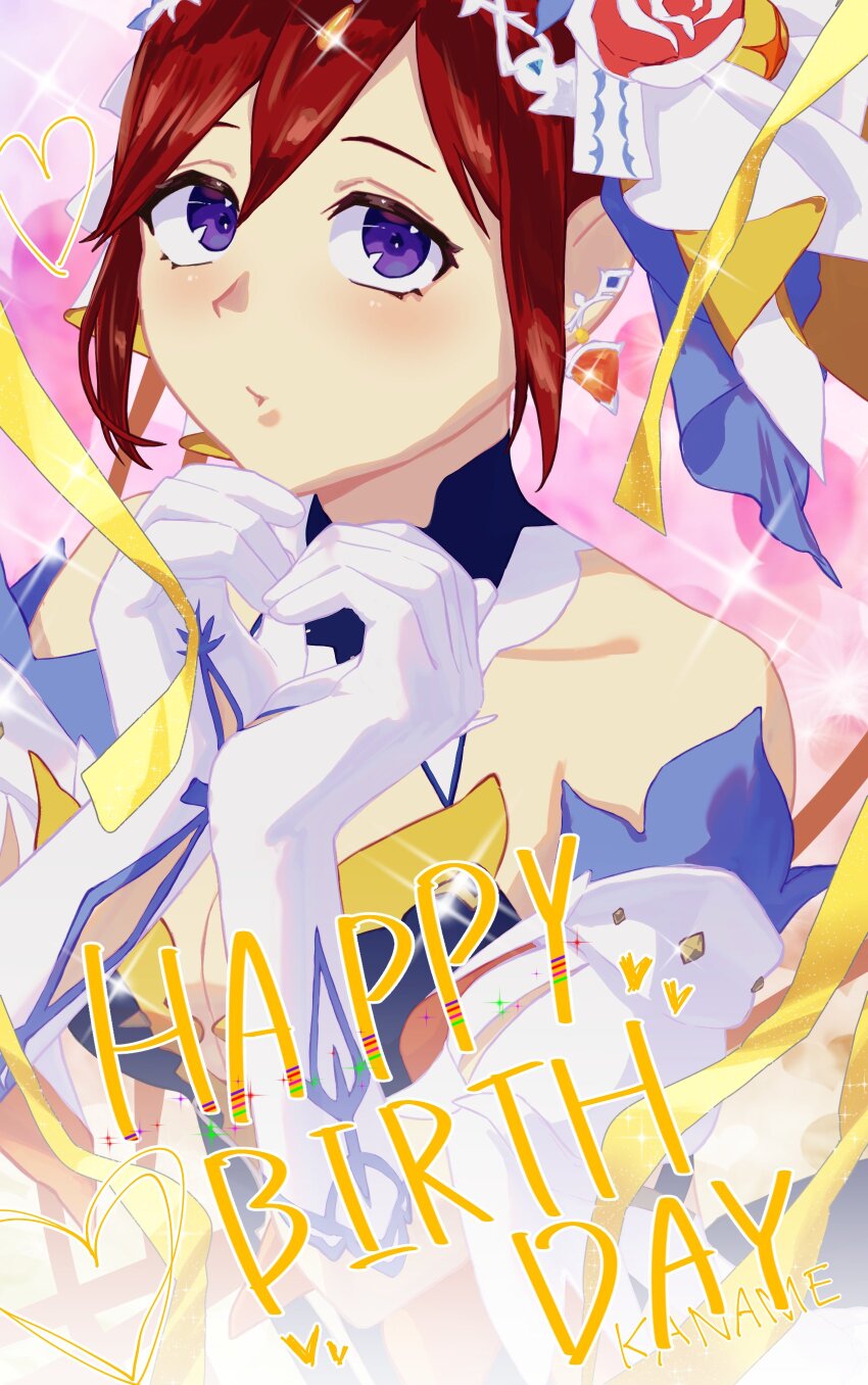 1girl absurdres breasts earrings gloves glowing hair_ornament happy_birthday heart heart_hands highres jewelry kaname_buccaneer looking_at_viewer macross macross_delta macross_delta:_zettai_live!!!!!! purple_eyes red_hair short_hair sleeveless solo utari walkure_(macross_delta)