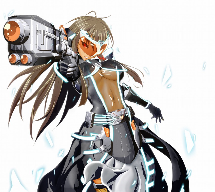 1girl bodysuit bohi_yamage breasts brown_hair coattails covered_navel crossover dark-skinned_female dark_skin female_focus foreshortening gun kamen_rider kamen_rider_555 kamen_rider_delta long_hair mahou_sensei_negima! neon_trim no_bra red_eyes see-through_clothes solo tatsumiya_mana underboob visor weapon