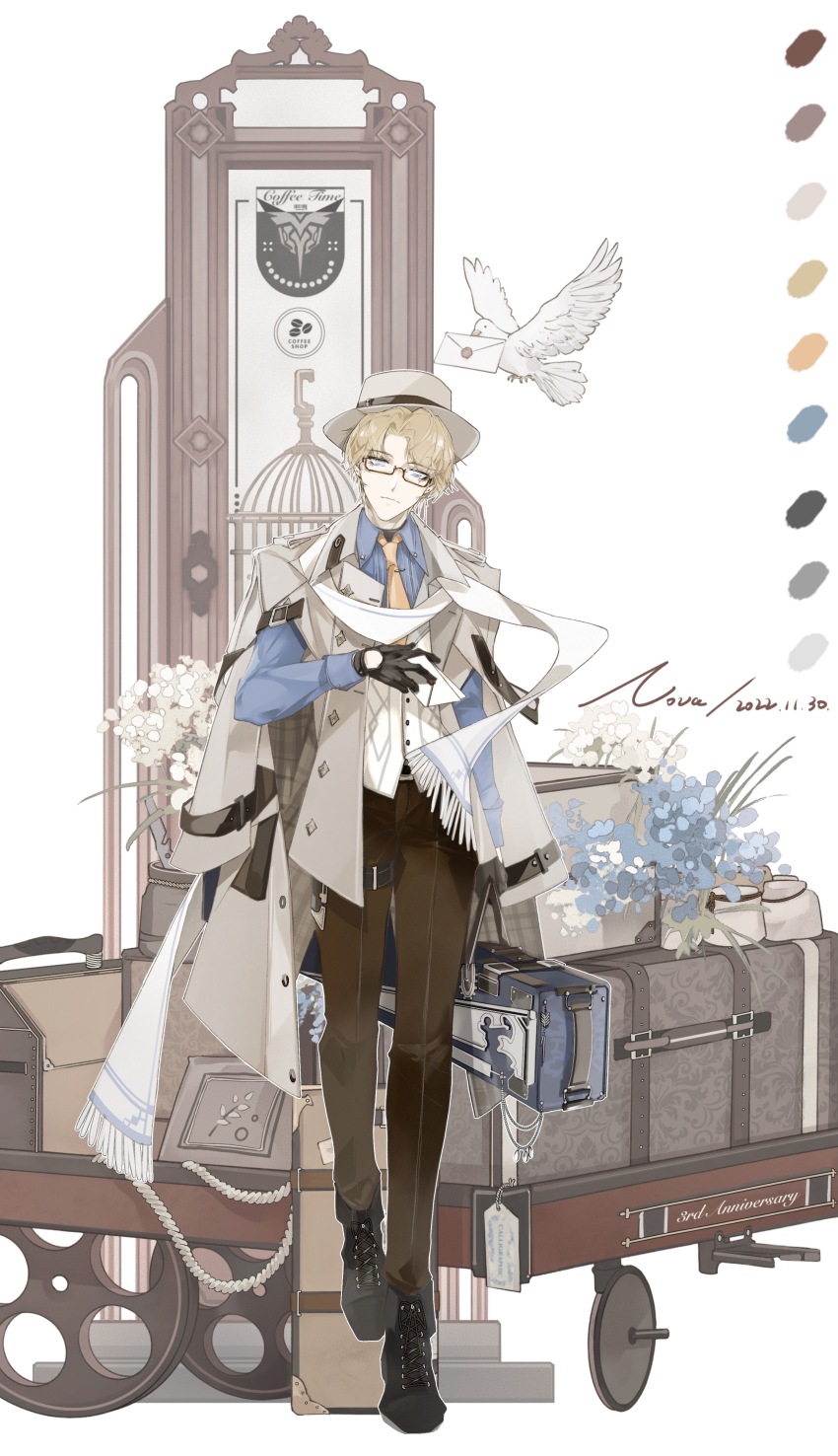 1boy absurdres adapted_costume ankle_boots anniversary bird bird_request birdcage black_boots black_gloves blonde_hair blue_eyes blue_flower blue_shirt boots briefcase brown_pants cage carrying_bag cart chinese_commentary chrome:_glory_(pgr) chrome:_glory_(radiant_respite)_(pgr) chrome_(pgr) coat coat_on_shoulders collared_coat collared_shirt color_guide commentary dated earrings fedora floating_scarf flower full_body glasses gloves hat highres holding holding_letter jewelry letter logo looking_at_viewer male_focus necktie nnnnnova orange_necktie pants parted_bangs procreate_(medium) punishing:_gray_raven rectangular_eyewear rope scarf shirt short_hair signature solo striped_clothes striped_shirt stud_earrings tag thigh_strap tie_clip two-sided_fabric vertical-striped_clothes vertical-striped_shirt vest waistcoat wheel white_bird white_coat white_flower white_hat white_scarf
