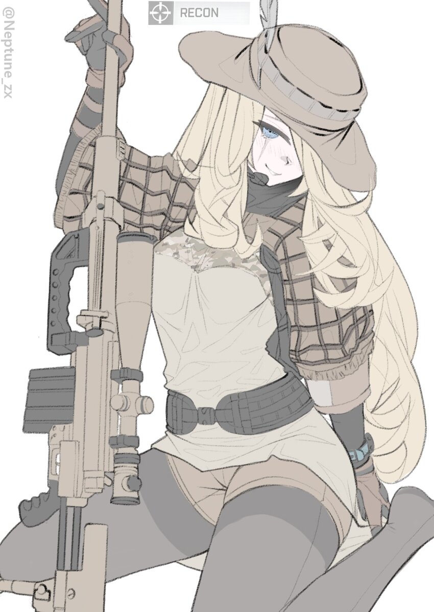 1girl belt black_belt black_pantyhose black_undershirt blue_eyes bolt_action breasts brown_gloves brown_hat brown_shirt brown_shorts bucket_hat camouflage camouflage_shirt cheytac_m200 commentary cropped_jacket english_commentary gloves gun hair_over_one_eye hat hat_feather headset highres holding holding_gun holding_weapon hood hooded_jacket jacket long_hair long_sleeves looking_at_viewer medium_breasts microphone neptune_zx on_floor original pantyhose plaid rifle scar scar_across_eye scar_on_face scope shirt short_shorts shorts shrug_(clothing) sitting smile sniper_rifle solo very_long_hair wariza watch weapon wide_belt wristwatch