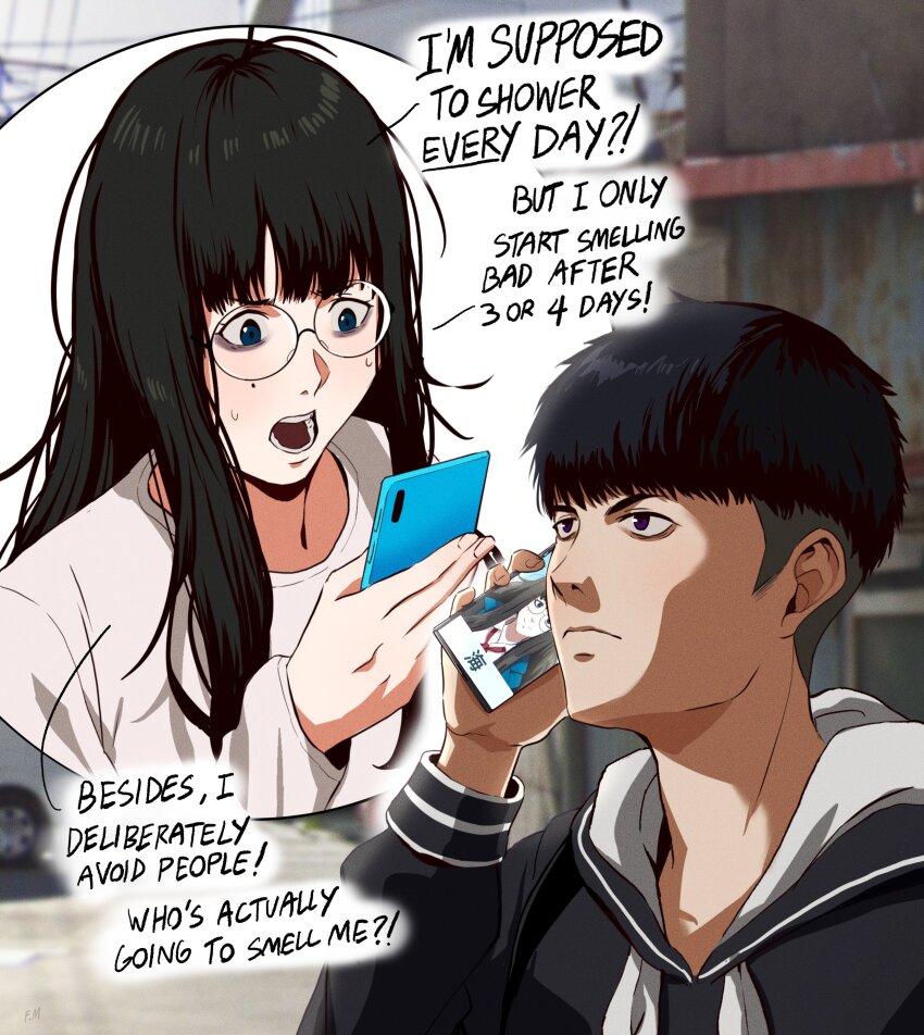 1boy 1girl absurdres arashi_(francisco_mon) bags_under_eyes cellphone english_text francisco_mon glasses highres jimiko long_hair messy_hair mole mole_under_eye open_mouth original phone round_eyewear shirt short_hair smartphone speech_bubble sweatdrop talking_on_phone umi_(francisco_mon) white_shirt