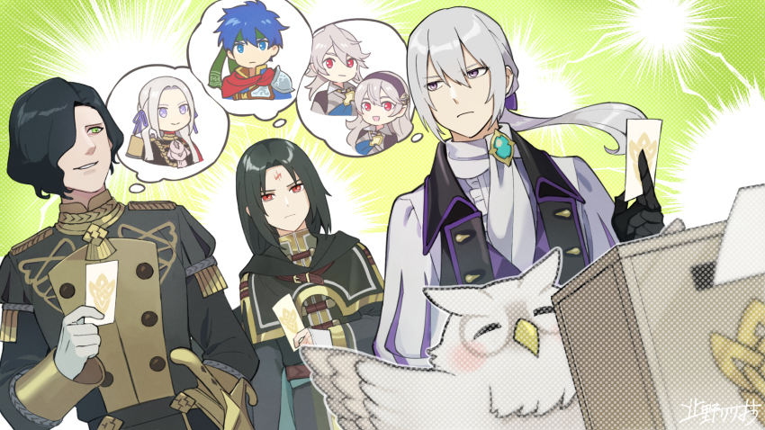 3girls 5boys ballot ballot_box bird black_hair black_robe blue_eyes blue_hair brooch butler commentary female_corrin_(fire_emblem) male_corrin_(fire_emblem) edelgard_von_hresvelg facial_mark feh_(fire_emblem_heroes) fire_emblem fire_emblem:_path_of_radiance fire_emblem:_three_houses fire_emblem_fates fire_emblem_heroes forehead_mark garreg_mach_monastery_uniform gloves green_eyes green_headband grey_hair hair_over_one_eye hairband headband highres hubert_von_vestra ike_(fire_emblem) jakob_(fire_emblem) jewelry kitano_ririo long_hair multiple_boys multiple_girls nintendo official_art owl ponytail purple_eyes robe short_hair soren_(fire_emblem) speech_bubble thought_bubble white_bird white_gloves white_hair