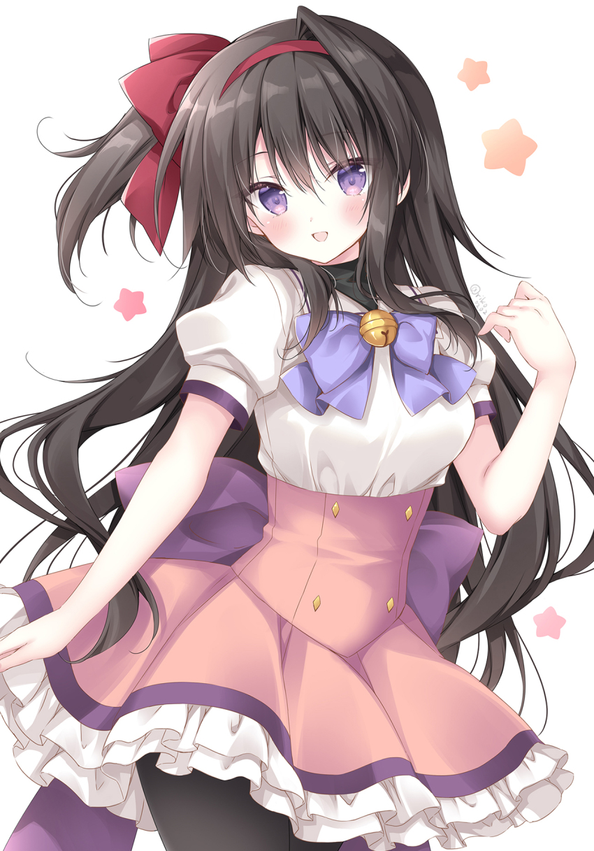 1girl :d back_bow bell black_hair black_pantyhose blush bow bowtie breasts commentary_request cowboy_shot frills hair_bow hair_ornament highres jingle_bell korie_riko long_hair looking_at_viewer medium_breasts neck_bell one_side_up open_mouth original pantyhose pink_skirt purple_bow purple_bowtie purple_eyes red_bow ribbon shirt short_sleeves skirt smile solo underbust very_long_hair white_shirt white_skirt