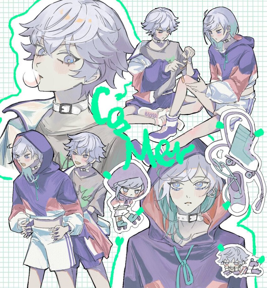 2boys aqua_hair blowing_bubble_gum blowing_bubbles brothers chewing_gum choker czmzsex grey_background highres hood hood_up jacket male_focus medium_hair multiple_boys paradox_live purple_hair purple_jacket roller_skates short_hair shorts siblings skates twins white_choker white_shorts yatonokami_kanata yatonokami_nayuta