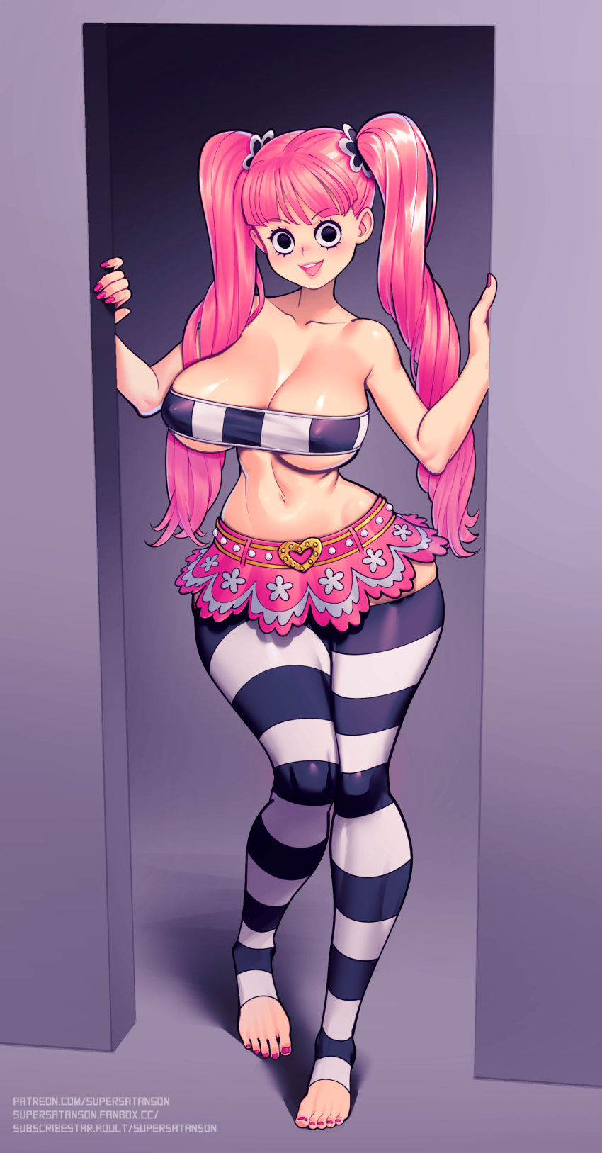 1girl bandeau bare_shoulders breasts cleavage curvy female_focus full_body highres large_breasts long_hair looking_at_viewer nail_polish navel one_piece perona pink_hair skirt solo striped_clothes striped_thighhighs supersatanson thick_thighs thighhighs thighs toeless_legwear toenail_polish toenails twintails underboob wide_hips