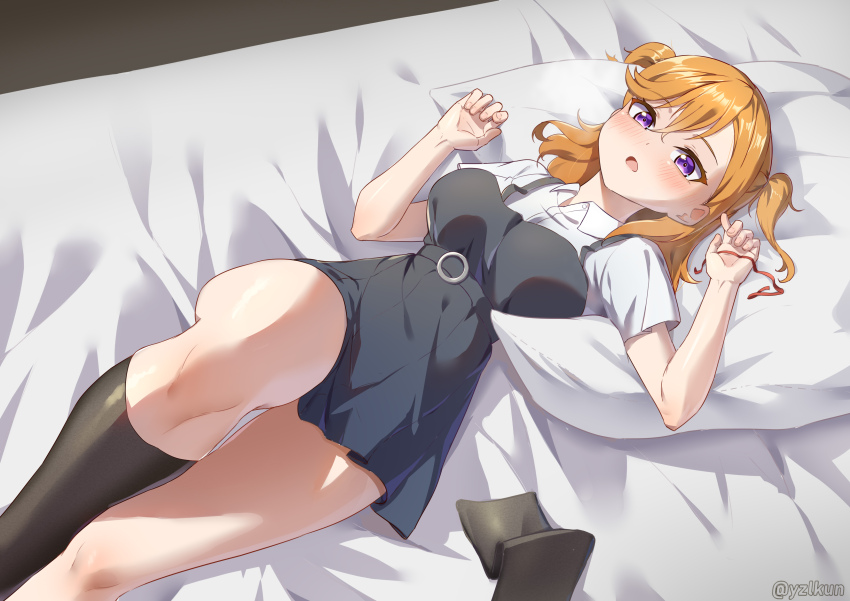 1girl absurdres artist_name bed black_thighhighs blush breasts collared_shirt commentary_request dress dress_shirt fingerless_gloves gloves grey_dress hair_between_eyes highres legs looking_at_viewer love_live! love_live!_superstar!! lying medium_breasts medium_hair on_back on_bed open_mouth orange_hair pillow pinafore_dress purple_eyes red_ribbon ribbon school_uniform shibuya_kanon shirt short_dress short_sleeves single_thighhigh sleeveless sleeveless_dress solo swept_bangs thighhighs twitter_username unworn_thighhighs white_shirt yuigaoka_school_uniform yzlkun
