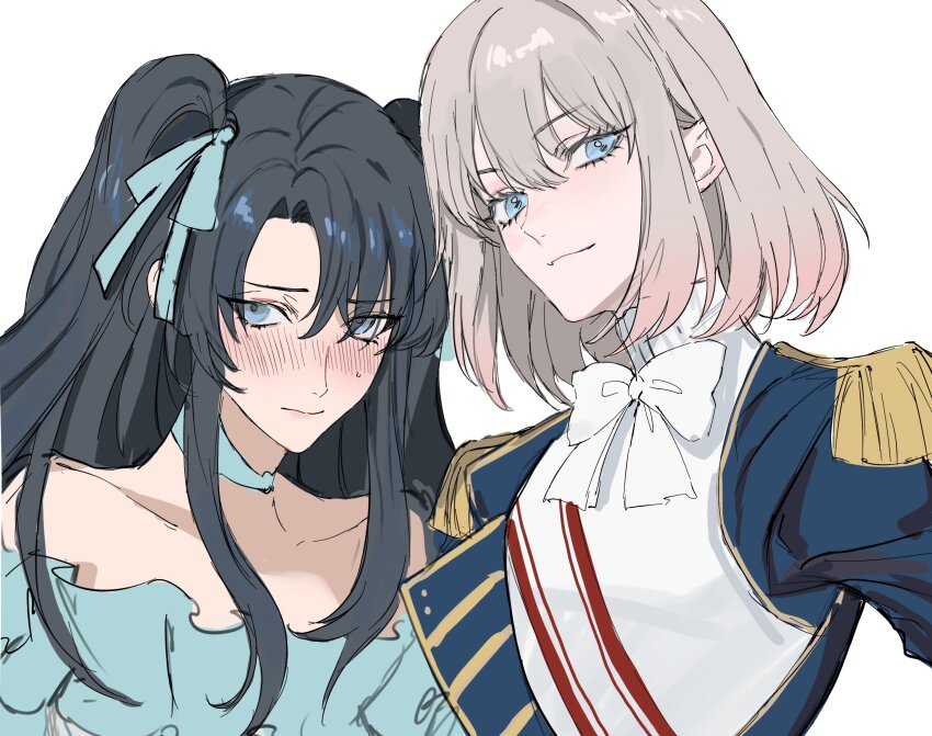 2boys black_hair blonde_hair blue_eyes blue_jacket blush choker cosplay crossdressing embarrassed epaulettes fate/grand_order fate_(series) fujimaru_ritsuka_(male) fujimaru_ritsuka_(male)_(halloween_royalty) fujimaru_ritsuka_(male)_(halloween_royalty)_(cosplay) hair_ribbon highres jacket long_hair looking_at_viewer male_focus multiple_boys oberon_(fate) off_shoulder ribbon short_hair simple_background sketch smile sweatdrop two_side_up upper_body white_background yurumawari