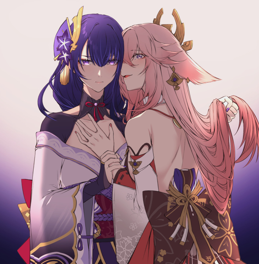 2girls animal_ears armpit_crease bare_shoulders breasts bridal_gauntlets closed_mouth collarbone commentary detached_sleeves english_commentary floral_print flower fox_ears genshin_impact gradient_background hair_between_eyes hair_ornament hand_on_another&#039;s_chest holding_another&#039;s_arm holding_another&#039;s_hair japanese_clothes kimono large_breasts long_hair long_sleeves looking_at_viewer mole mole_under_eye multiple_girls obi obiage obijime open_mouth pink_hair pink_nails purple_eyes purple_flower purple_hair purple_nails raiden_shogun ribbon sash sieka_(piiroinardesco) simple_background smile tassel wide_sleeves yae_miko yuri
