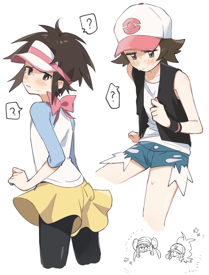 2boys 2girls ? absurdres black_pantyhose black_vest blush bow brown_eyes brown_hair closed_mouth commentary_request cosplay crossdressing exposed_pocket hat highres hilbert_(pokemon) hilda_(pokemon) hilda_(pokemon)_(cosplay) kyuu999_bot looking_back multiple_boys multiple_girls nate_(pokemon) nintendo open_clothes open_vest pantyhose partially_colored pink_bow pokemon pokemon_bw pokemon_bw2 rosa_(pokemon) rosa_(pokemon)_(cosplay) shirt short_hair shorts sleeveless sleeveless_shirt spoken_question_mark sweat three-quarter_sleeves vest visor_cap white_background white_hat white_shirt yellow_shorts