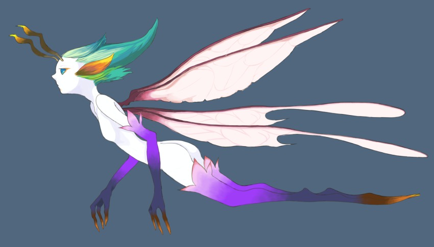 00s 100000_(artist) 1girl antennae colored_skin fairy_wings female_focus final_fantasy final_fantasy_xi full_body green_eyes green_hair highres insect_wings long_hair matching_hair/eyes simple_background solo sylph white_skin wings