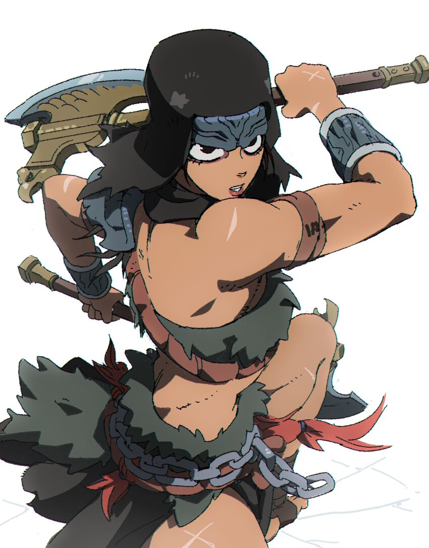 1girl absurdres aisendraw armband armor axe black_eyes black_hair bracer chain commentary cross_scar dark-skinned_female dark_skin dual_wielding elden_ring english_commentary fighting_stance forehead_protector highres holding holding_axe holding_weapon loincloth medium_hair muscular muscular_female nepheli_loux parted_lips pauldrons scar shoulder_armor simple_background single_bare_shoulder single_pauldron solo upturned_eyes warrior weapon white_background