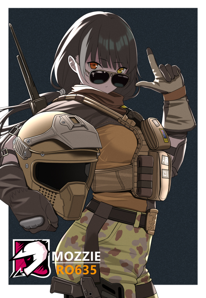 1girl australian_flag biker black_hair bulletproof_vest character_name commentary_request cosplay female_focus girls&#039;_frontline gloves gun hand_gesture helmet heterochromia highres looking_at_viewer multicolored_hair rainbow_six_siege red_eyes ro635_(girls&#039;_frontline) solo sunglasses tactical_clothes two-tone_hair unworn_headwear unworn_helmet weapon white_hair yellow_eyes yitiao_er-hua