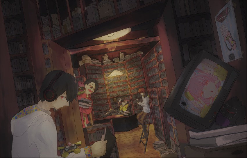 absurdres book doctor feet_on_table hanaya_taiga headphones highres houjou_emu kagami_hiiro kamen_rider kamen_rider_ex-aid_(series) kuujou_kiriya ladder library poppi_pipopapo sunglasses television