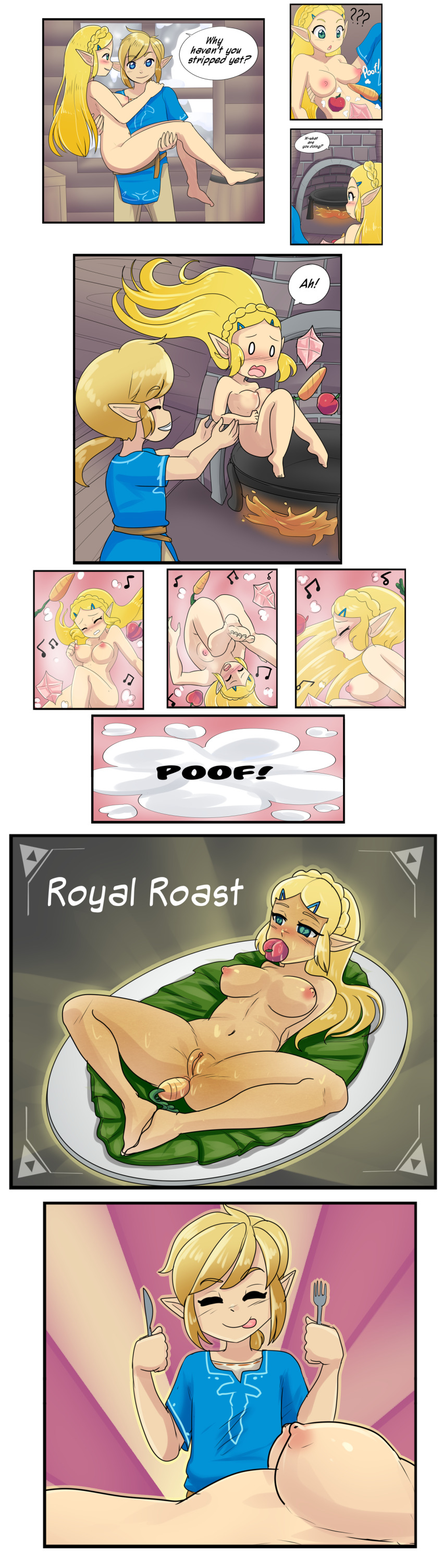 1boy 1girl absurdres anal anal_object_insertion bare_legs barefoot betrayal blonde_hair blue_eyes blush breasts cannibalism champion&#039;s_tunic_(zelda) clothed_male_nude_female completely_nude cooking cooking_pot death dinner empty_eyes feast feet fire food fork gokaivore green_eyes highres hungry imminent_vore knife licking_lips link long_hair murder musical_note nintendo nipples nude object_insertion panels pointy_ears princess princess_zelda pussy snuff soles speech_bubble the_legend_of_zelda the_legend_of_zelda:_breath_of_the_wild toes tongue tongue_out vegetable vore