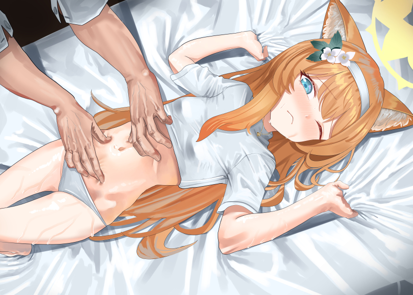 1boy 1girl absurdres animal_ear_fluff animal_ears bed_sheet belly_grab blue_archive blue_eyes blush breasts closed_mouth flower hair_flower hair_ornament halo haoma highres jewelry long_hair mari_(blue_archive) massage navel necklace one_eye_closed orange_hair panties shirt short_sleeves small_breasts sweat underwear white_flower white_panties white_shirt yellow_halo