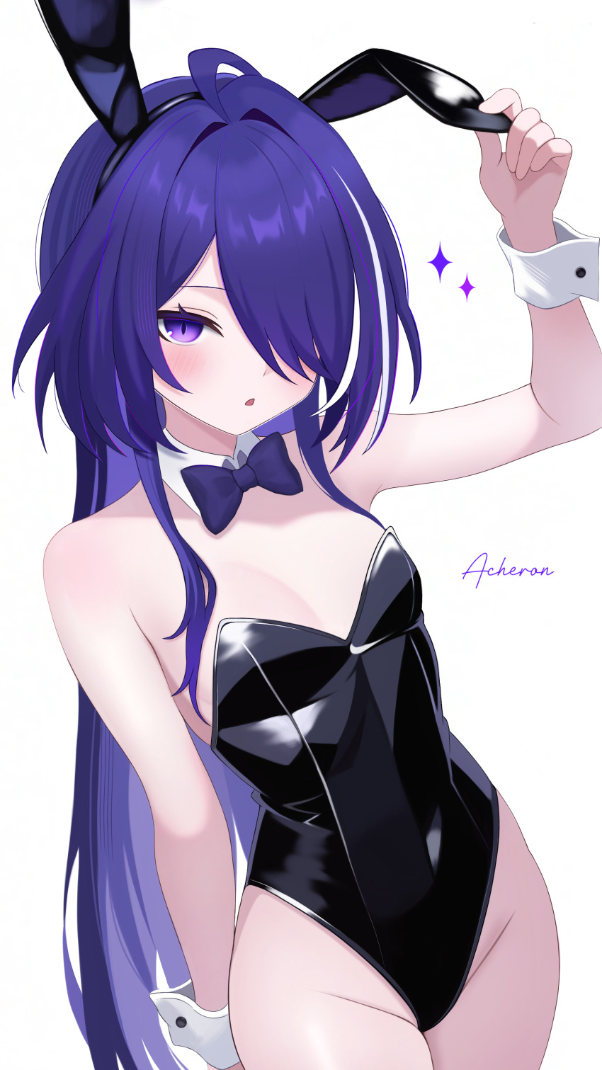 1girl absurdres acheron_(honkai:_star_rail) aged_down alternate_costume animal_ear_hairband animal_ears black_hairband black_leotard blush bow bowtie breasts character_name collar commentary_request covered_navel cowboy_shot detached_collar fake_animal_ears fuminshou_(nekopan_art) hair_over_one_eye hairband hand_on_own_ear hand_up highleg highleg_leotard highres honkai:_star_rail honkai_(series) leotard long_hair looking_at_viewer parted_lips playboy_bunny purple_bow purple_bowtie purple_eyes purple_hair rabbit_ears simple_background small_breasts strapless strapless_leotard very_long_hair white_background white_collar white_wrist_cuffs wrist_cuffs