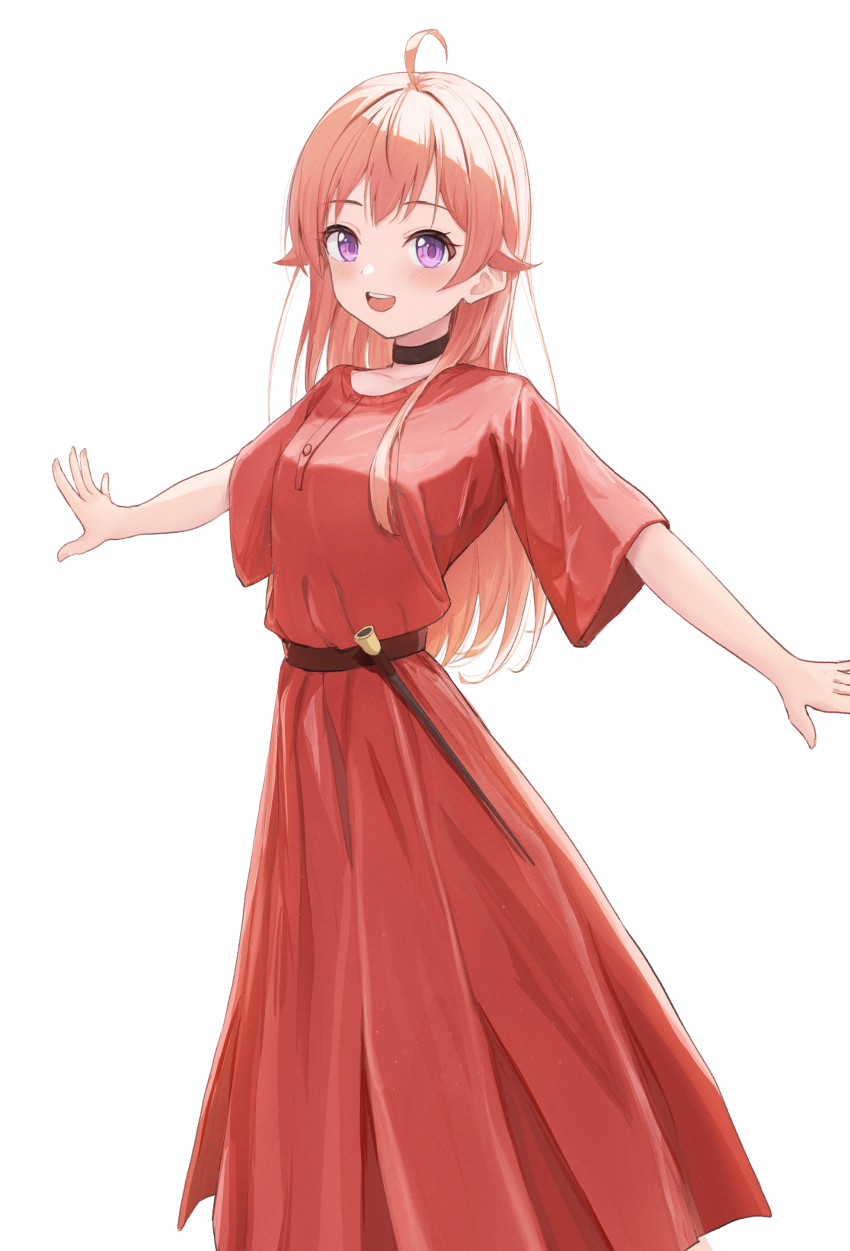 1girl absurdres ahoge belt black_choker blonde_hair breasts choker collarbone dress highres long_dress long_hair looking_at_viewer outstretched_arms purple_eyes red_dress shiron_23 small_breasts solo spread_arms very_long_hair wakatsuki_niko wand white_background witch_watch